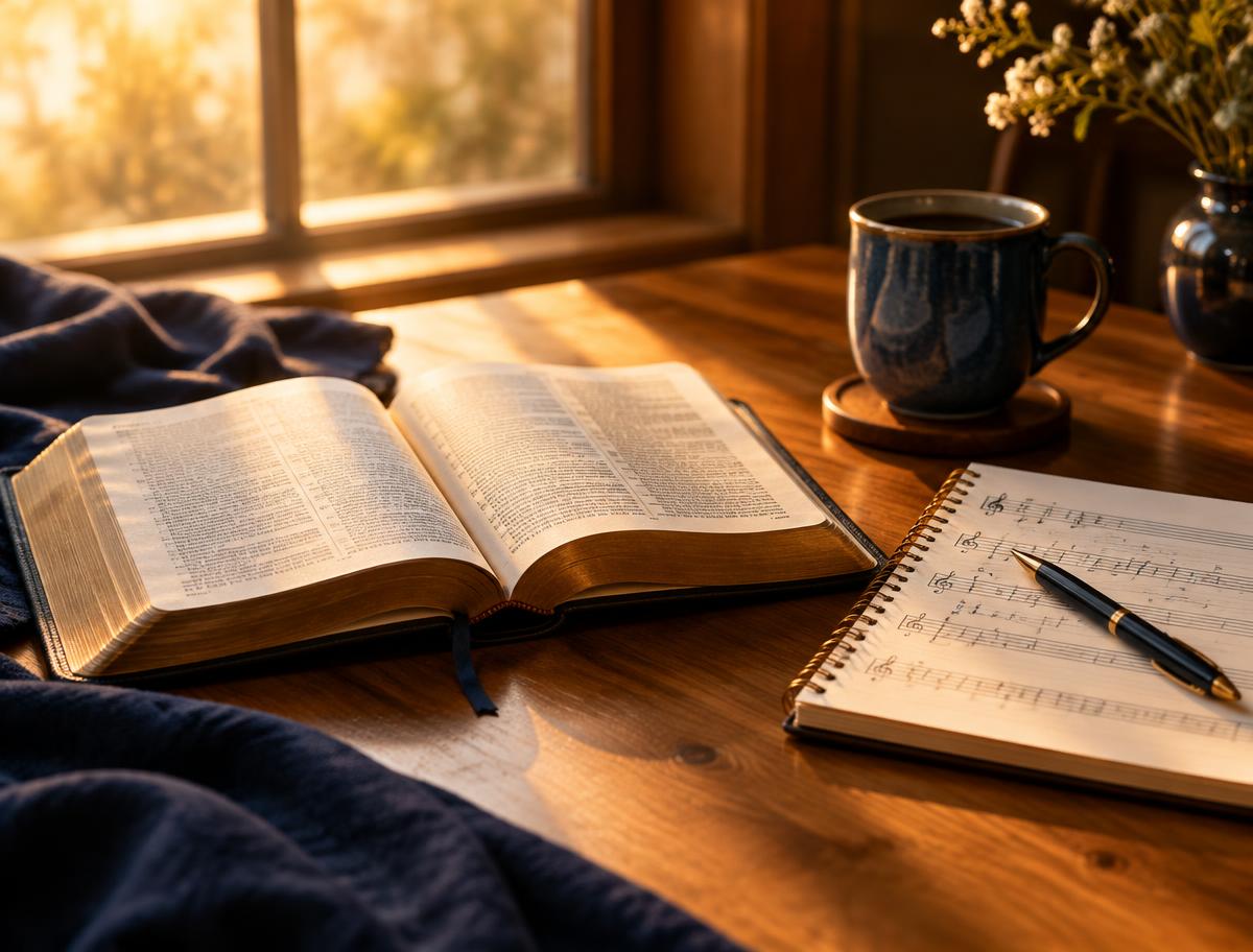 An open Bible beside a music notebook